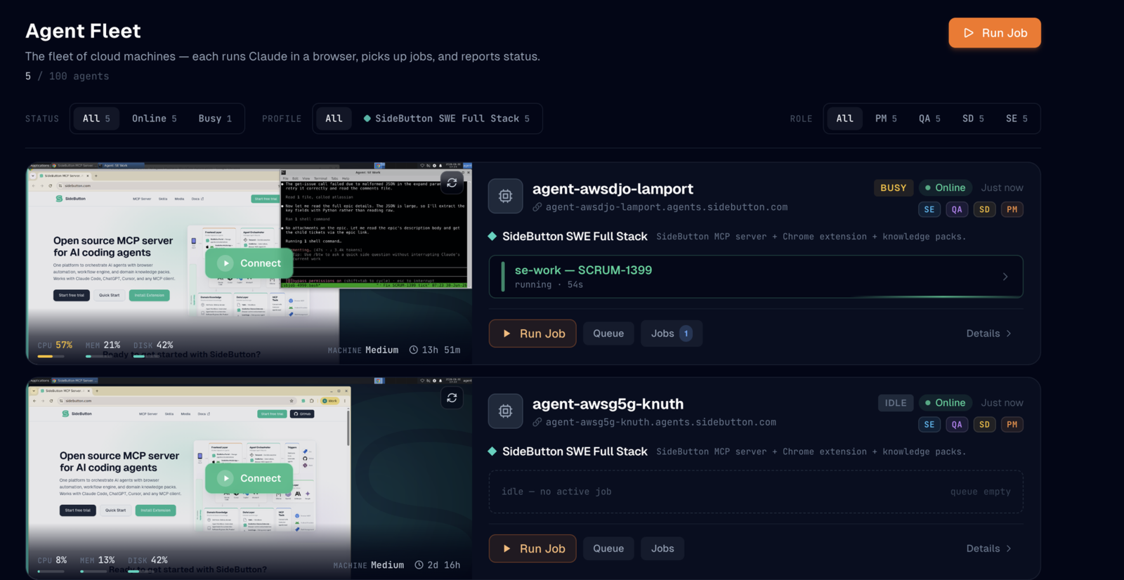 Fleet console: live VMs, roles and telemetry